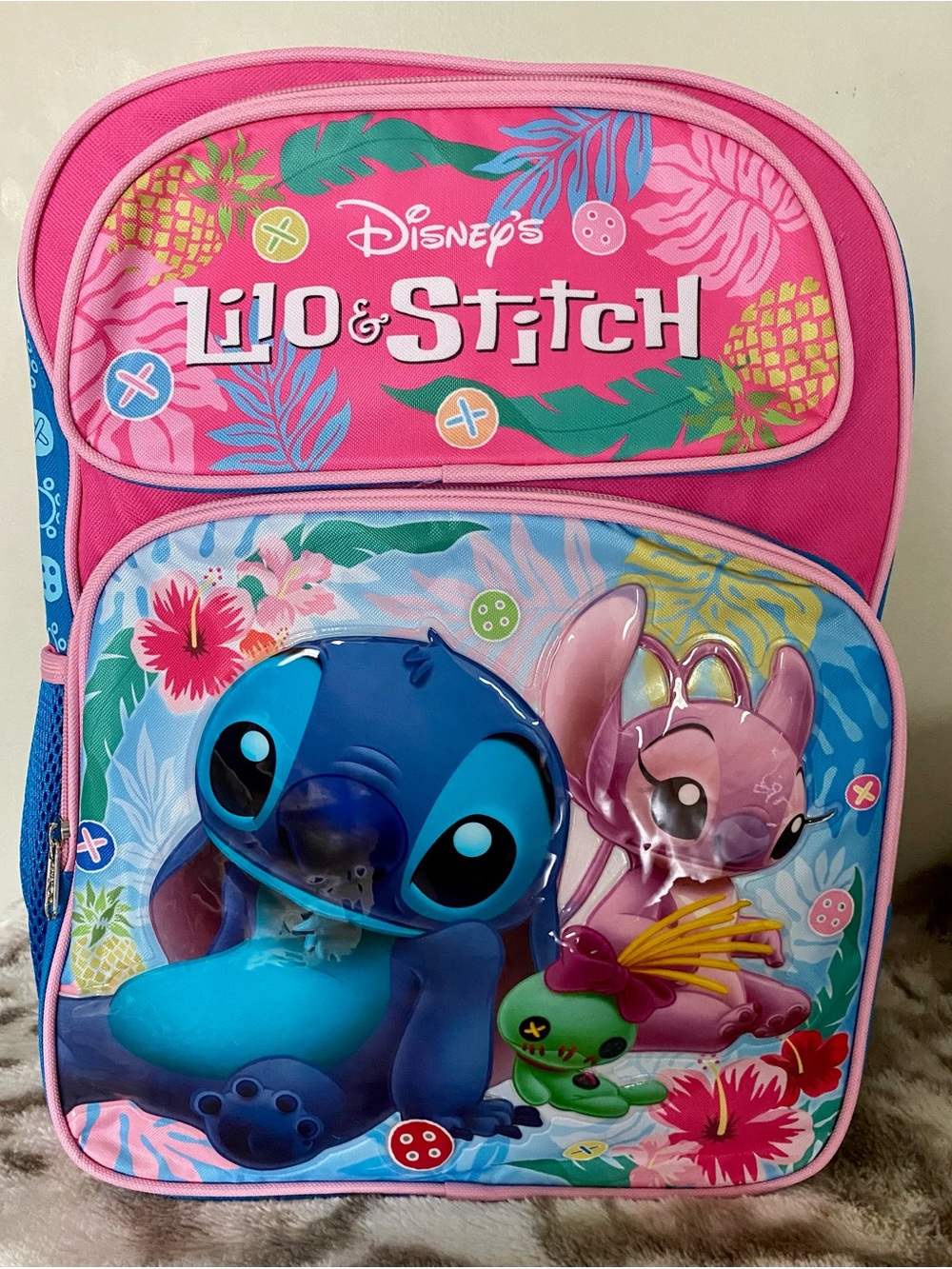 Disney Lilo & Stitch Pink Blue Girls Backpack with Tropical Print